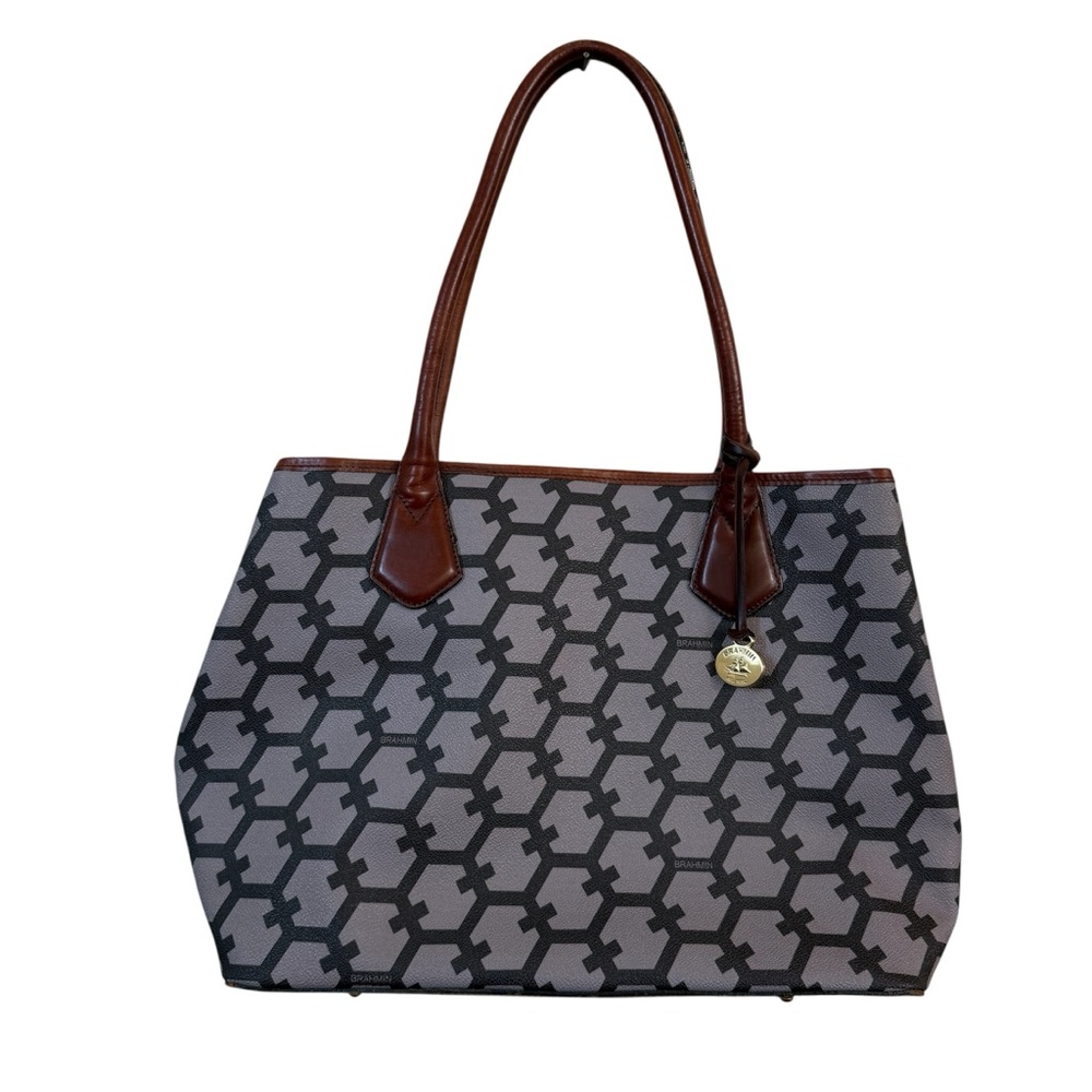 Brahmin Anytime Monogram‎ Tote Bag Gray Brown Leather Shoulder Purse Lrg Handbag